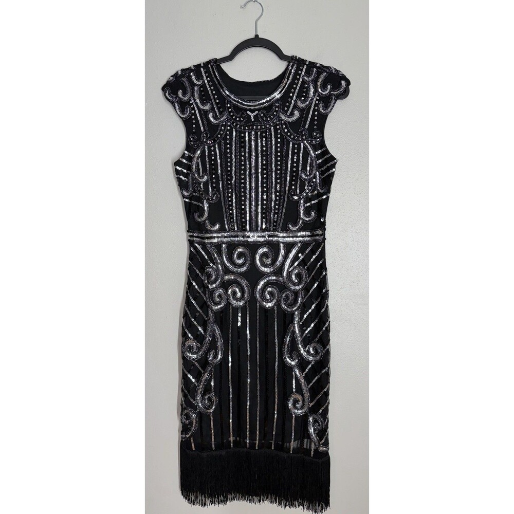 Black silver Sequin Beaded Flapper Dress S 1920s Gatsby Fringe VTG Style Midi